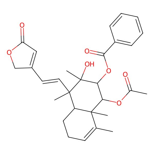 2D Structure of [(1R,2S,3R,4R,4aS,8aR)-1-acetyloxy-3-hydroxy-3,4,8,8a-tetramethyl-4-[(E)-2-(5-oxo-2H-furan-3-yl)ethenyl]-2,4a,5,6-tetrahydro-1H-naphthalen-2-yl] benzoate