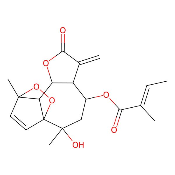2D Structure of (2-Hydroxy-2,11-dimethyl-6-methylidene-7-oxo-8,12,13-trioxatetracyclo[9.2.2.01,10.05,9]pentadec-14-en-4-yl) 2-methylbut-2-enoate