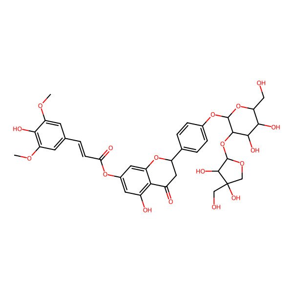 2D Structure of [(2S)-2-[4-[(2S,3R,4S,5S,6R)-3-[(2S,3S,4R)-3,4-dihydroxy-4-(hydroxymethyl)oxolan-2-yl]oxy-4,5-dihydroxy-6-(hydroxymethyl)oxan-2-yl]oxyphenyl]-5-hydroxy-4-oxo-2,3-dihydrochromen-7-yl] (E)-3-(4-hydroxy-3,5-dimethoxyphenyl)prop-2-enoate
