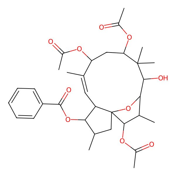 2D Structure of (8,10,15-Triacetyloxy-12-hydroxy-3,7,11,11,14-pentamethyl-16-oxatricyclo[11.2.1.01,5]hexadec-6-en-4-yl) benzoate