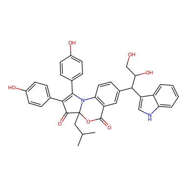 2D Structure of 7-[2,3-dihydroxy-1-(1H-indol-3-yl)propyl]-1,2-bis(4-hydroxyphenyl)-3a-(2-methylpropyl)pyrrolo[1,2-a][3,1]benzoxazine-3,5-dione