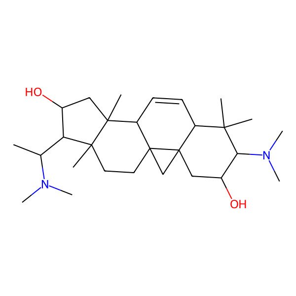 2D Structure of 6-(Dimethylamino)-15-[1-(dimethylamino)ethyl]-7,7,12,16-tetramethylpentacyclo[9.7.0.01,3.03,8.012,16]octadec-9-ene-5,14-diol