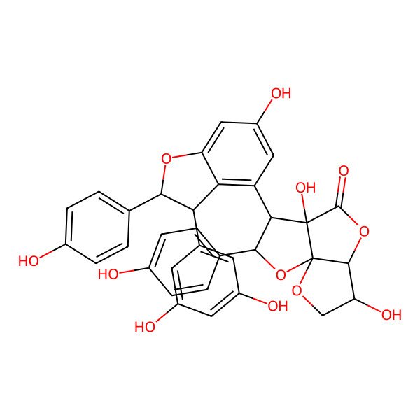 2D Structure of 9-[3-(3,5-Dihydroxyphenyl)-6-hydroxy-2-(4-hydroxyphenyl)-2,3-dihydro-1-benzofuran-4-yl]-4,8-dihydroxy-10-(4-hydroxyphenyl)-2,6,11-trioxatricyclo[6.3.0.01,5]undecan-7-one