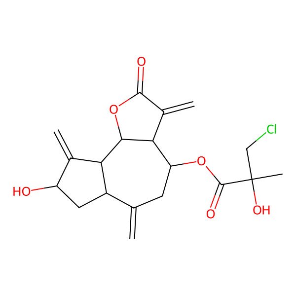 2D Structure of [(3aR,4S,6aR,8S,9aR,9bR)-8-hydroxy-3,6,9-trimethylidene-2-oxo-3a,4,5,6a,7,8,9a,9b-octahydroazuleno[4,5-b]furan-4-yl] (2R)-3-chloro-2-hydroxy-2-methylpropanoate