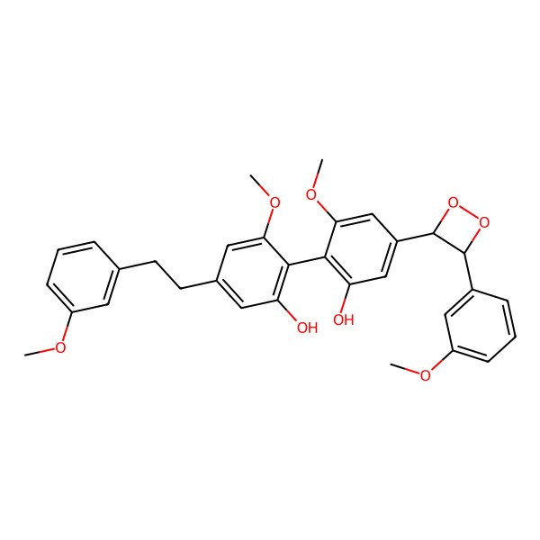 2D Structure of 2-[2-hydroxy-6-methoxy-4-[(3R,4R)-4-(3-methoxyphenyl)dioxetan-3-yl]phenyl]-3-methoxy-5-[2-(3-methoxyphenyl)ethyl]phenol