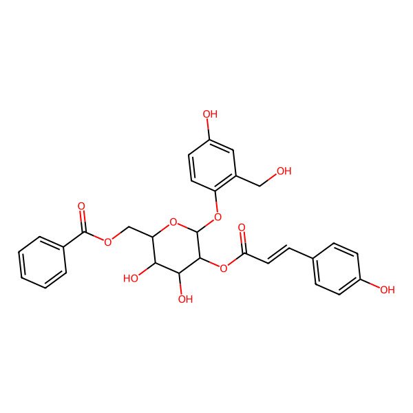 2D Structure of [(2S,3R,4R,5S,6R)-3,4-dihydroxy-6-[4-hydroxy-2-(hydroxymethyl)phenoxy]-5-[(E)-3-(4-hydroxyphenyl)prop-2-enoyl]oxyoxan-2-yl]methyl benzoate