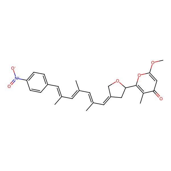 2D Structure of 6-methoxy-3-methyl-2-[(2R,4Z)-4-[(2E,4E,6E)-2,4,6-trimethyl-7-(4-nitrophenyl)hepta-2,4,6-trienylidene]oxolan-2-yl]pyran-4-one