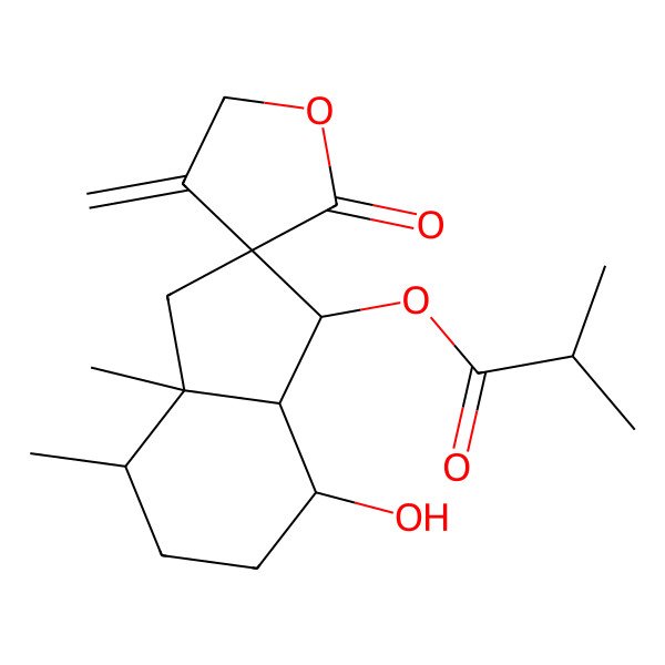 2D Structure of (7-hydroxy-3a,4-dimethyl-4'-methylidene-2'-oxospiro[3,4,5,6,7,7a-hexahydro-1H-indene-2,3'-oxolane]-1-yl) 2-methylpropanoate