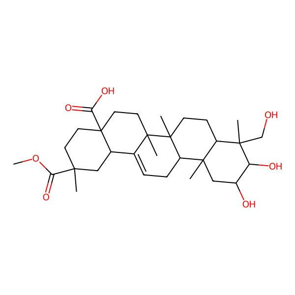 2D Structure of (2S,4aR,6aR,6aS,6bR,8aS,9R,10S,11S,12aR,14bR)-10,11-dihydroxy-9-(hydroxymethyl)-2-methoxycarbonyl-2,6a,6b,9,12a-pentamethyl-1,3,4,5,6,6a,7,8,8a,10,11,12,13,14b-tetradecahydropicene-4a-carboxylic acid
