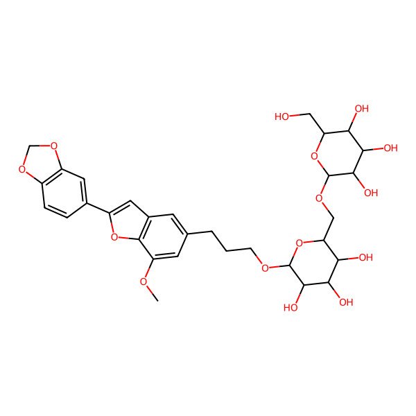 2D Structure of (2R,3R,4S,5S,6R)-2-[[(2R,3S,4S,5R,6R)-6-[3-[2-(1,3-benzodioxol-5-yl)-7-methoxy-1-benzofuran-5-yl]propoxy]-3,4,5-trihydroxyoxan-2-yl]methoxy]-6-(hydroxymethyl)oxane-3,4,5-triol