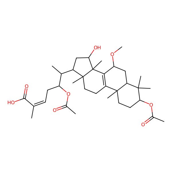 2D Structure of (E,5S,6S)-5-acetyloxy-6-[(3R,5R,7R,10S,13R,14R,15S,17R)-3-acetyloxy-15-hydroxy-7-methoxy-4,4,10,13,14-pentamethyl-2,3,5,6,7,11,12,15,16,17-decahydro-1H-cyclopenta[a]phenanthren-17-yl]-2-methylhept-2-enoic acid