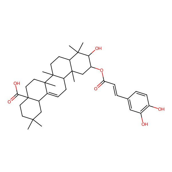 2D Structure of 11-[3-(3,4-Dihydroxyphenyl)prop-2-enoyloxy]-10-hydroxy-2,2,6a,6b,9,9,12a-heptamethyl-1,3,4,5,6,6a,7,8,8a,10,11,12,13,14b-tetradecahydropicene-4a-carboxylic acid