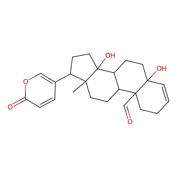 2D Structure of 5,14-dihydroxy-13-methyl-17-(6-oxopyran-3-yl)-2,6,7,8,9,11,12,15,16,17-decahydro-1H-cyclopenta[a]phenanthrene-10-carbaldehyde