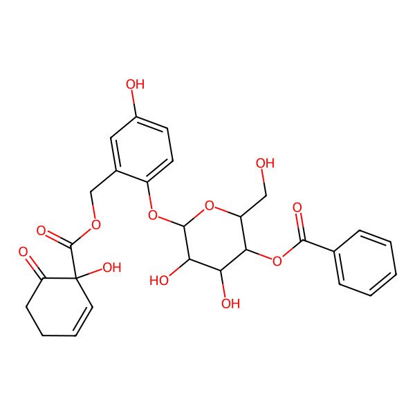 2D Structure of [(2R,3S,4R,5R,6S)-4,5-dihydroxy-6-[4-hydroxy-2-[[(1R)-1-hydroxy-6-oxocyclohex-2-ene-1-carbonyl]oxymethyl]phenoxy]-2-(hydroxymethyl)oxan-3-yl] benzoate
