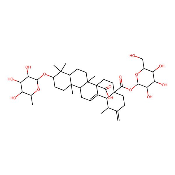 2D Structure of (1R,4aS,6aR,6aR,6bR,8aR,10S,12aR,14bS)-1,6b,9,9,12a-pentamethyl-2-methylidene-4a-[(2S,3R,4S,5S,6R)-3,4,5-trihydroxy-6-(hydroxymethyl)oxan-2-yl]oxycarbonyl-10-[(2R,3R,4R,5R,6S)-3,4,5-trihydroxy-6-methyloxan-2-yl]oxy-1,3,4,5,6,6a,7,8,8a,10,11,12,13,14b-tetradecahydropicene-6a-carboxylic acid