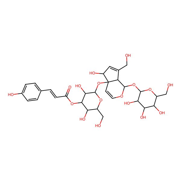 2D Structure of [3,5-dihydroxy-2-[[5-hydroxy-7-(hydroxymethyl)-1-[3,4,5-trihydroxy-6-(hydroxymethyl)oxan-2-yl]oxy-5,7a-dihydro-1H-cyclopenta[c]pyran-4a-yl]oxy]-6-(hydroxymethyl)oxan-4-yl] 3-(4-hydroxyphenyl)prop-2-enoate