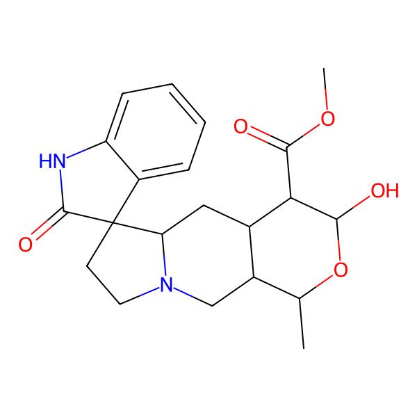 2D Structure of methyl (1S,3R,4R,4aS,5aS,6S,10aR)-3-hydroxy-1-methyl-2'-oxospiro[1,3,4,4a,5,5a,7,8,10,10a-decahydropyrano[3,4-f]indolizine-6,3'-1H-indole]-4-carboxylate