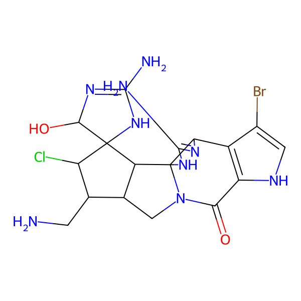 2D Structure of 2,3'-Diamino-15'-(aminomethyl)-7'-bromo-16'-chloro-4-hydroxyspiro[1,4-dihydroimidazole-5,17'-2,4,9,12-tetrazapentacyclo[10.6.0.01,5.06,10.014,18]octadeca-3,6(10),7-triene]-11'-one