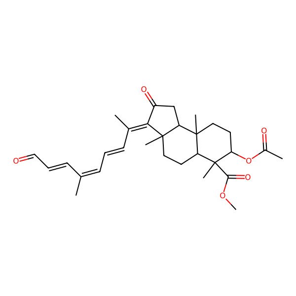 2D Structure of methyl (3E,3aS,5aR,6R,7R,9aR,9bR)-7-acetyloxy-3a,6,9a-trimethyl-3-[(3E,5E,7E)-6-methyl-9-oxonona-3,5,7-trien-2-ylidene]-2-oxo-1,4,5,5a,7,8,9,9b-octahydrocyclopenta[a]naphthalene-6-carboxylate