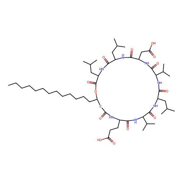 2D Structure of 3-[(3S,6S,9S,12S,15S,18S,21S,25R)-9-(carboxymethyl)-3,6,15-tris(2-methylpropyl)-2,5,8,11,14,17,20,23-octaoxo-12,18-di(propan-2-yl)-25-tridecyl-1-oxa-4,7,10,13,16,19,22-heptazacyclopentacos-21-yl]propanoic acid