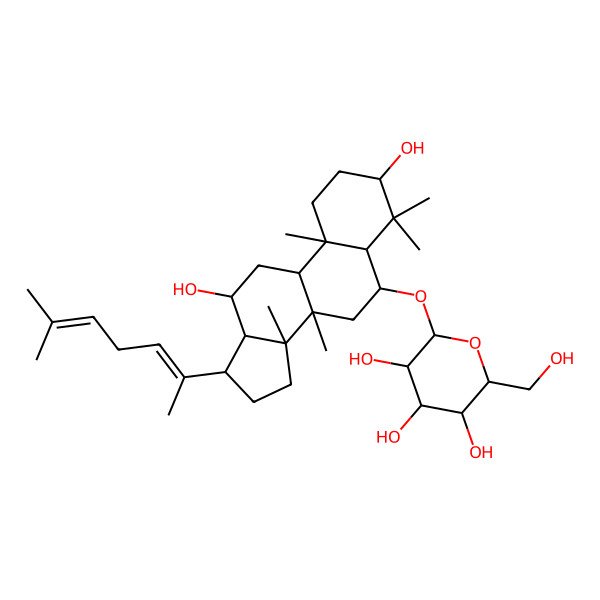 2D Structure of 2-[[3,12-dihydroxy-4,4,8,10,14-pentamethyl-17-(6-methylhepta-2,5-dien-2-yl)-2,3,5,6,7,9,11,12,13,15,16,17-dodecahydro-1H-cyclopenta[a]phenanthren-6-yl]oxy]-6-(hydroxymethyl)oxane-3,4,5-triol