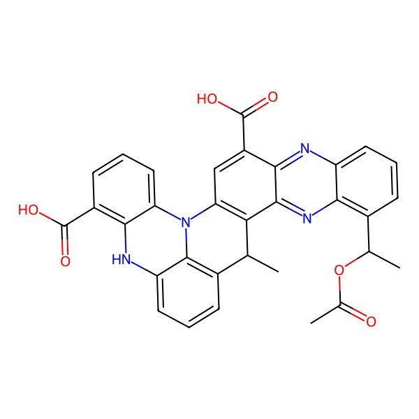 2D Structure of 11-(1-Acetyloxyethyl)-16-methyl-1,6,13,22-tetrazaheptacyclo[15.11.1.02,15.05,14.07,12.021,29.023,28]nonacosa-2(15),3,5,7,9,11,13,17(29),18,20,23,25,27-tridecaene-4,24-dicarboxylic acid