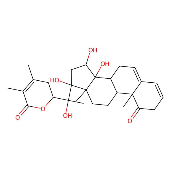 2D Structure of (2R)-2-[(1S)-1-hydroxy-1-[(8R,9S,10R,13S,14R,15S,17S)-14,15,17-trihydroxy-10,13-dimethyl-1-oxo-2,7,8,9,11,12,15,16-octahydrocyclopenta[a]phenanthren-17-yl]ethyl]-4,5-dimethyl-2,3-dihydropyran-6-one