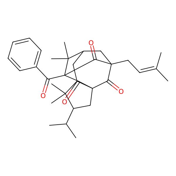 2D Structure of (1R,3R,5R,7R,9R,11S)-9-benzoyl-4,4,8,8-tetramethyl-11-(3-methylbut-2-enyl)-3-propan-2-yltetracyclo[7.3.1.17,11.01,5]tetradecane-10,12,13-trione