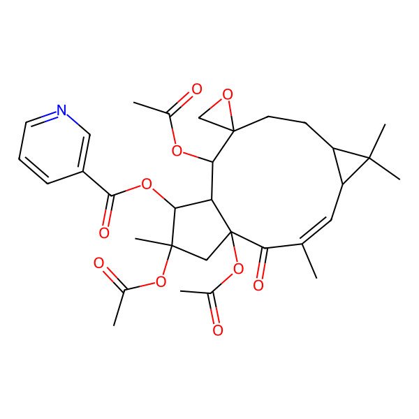 2D Structure of [(1'R,2R,3'E,5'R,7'S,11'R,12'R,13'R,14'S)-1',11',14'-triacetyloxy-3',6',6',14'-tetramethyl-2'-oxospiro[oxirane-2,10'-tricyclo[10.3.0.05,7]pentadec-3-ene]-13'-yl] pyridine-3-carboxylate