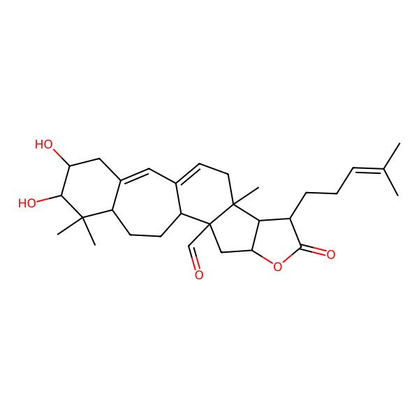 2D Structure of 16,17-Dihydroxy-9,18,18-trimethyl-7-(4-methylpent-3-enyl)-6-oxo-5-oxapentacyclo[10.9.0.02,9.04,8.014,19]henicosa-11,13-diene-2-carbaldehyde