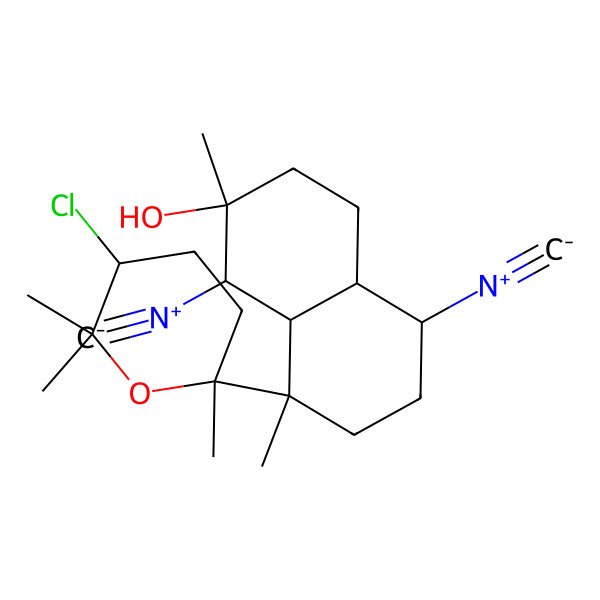 2D Structure of (1R,2R,5S,8S)-8-[(2R,5R)-5-chloro-2,6,6-trimethyloxan-2-yl]-1,5-diisocyano-2,8-dimethyl-1,3,4,4a,5,6,7,8a-octahydronaphthalen-2-ol
