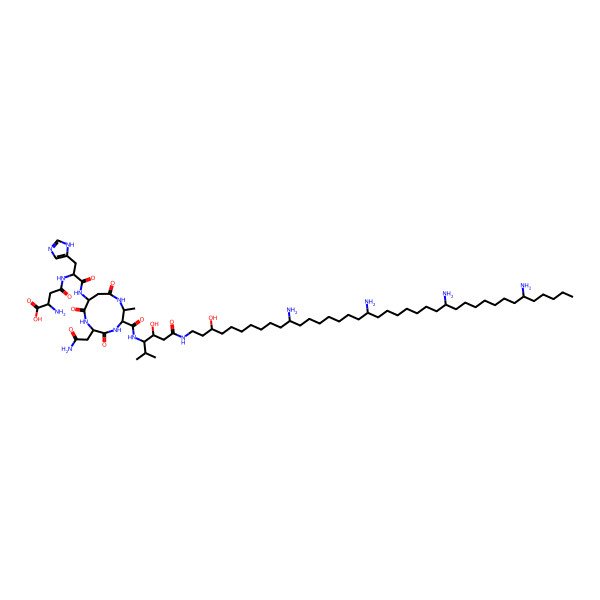 2D Structure of 2-amino-4-[[1-[[6-(2-amino-2-oxoethyl)-3-[[4-hydroxy-2-methyl-6-oxo-6-[(11,19,27,35-tetraamino-3-hydroxytetracontyl)amino]hexan-3-yl]carbamoyl]-2-methyl-5,8,11-trioxo-1,4,7-triazacycloundec-9-yl]amino]-3-(1H-imidazol-5-yl)-1-oxopropan-2-yl]amino]-4-oxobutanoic acid