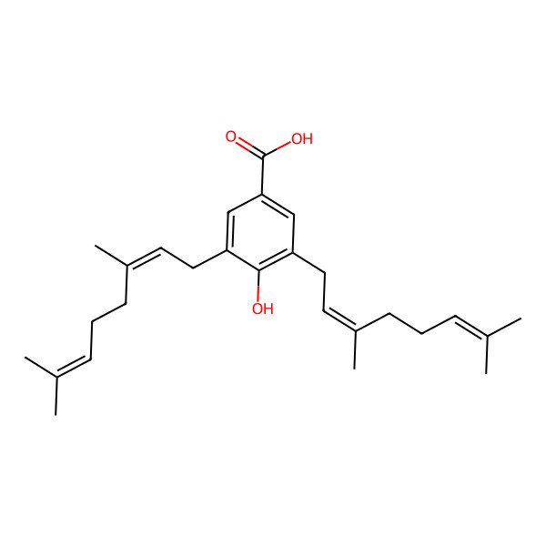 2D Structure of 3,5-Bis(3,7-dimethylocta-2,6-dienyl)-4-hydroxybenzoic acid 2D Structure of 3,5-Bis(3,7-dimethylocta-2,6-dienyl)-4-hydroxybenzoic acid