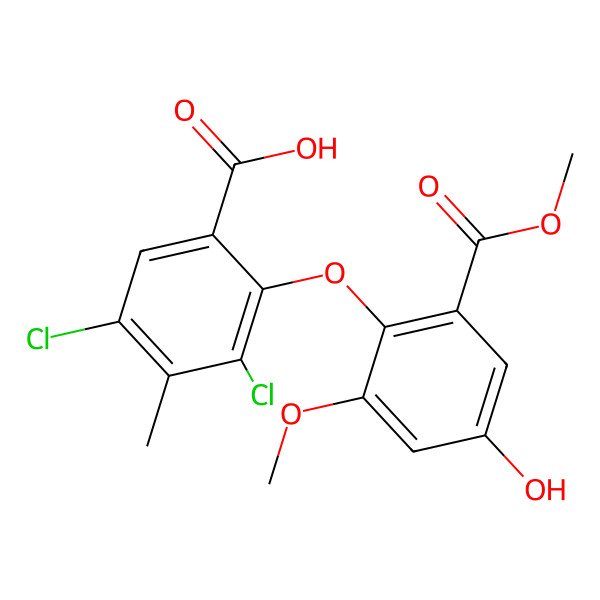 2D Structure of 3,5-Dichloro-2-(4-hydroxy-2-methoxy-6-methoxycarbonylphenoxy)-4-methylbenzoic acid