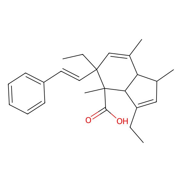 2D Structure of 3,5-diethyl-1,4,7-trimethyl-5-(2-phenylethenyl)-3a,7a-dihydro-1H-indene-4-carboxylic acid