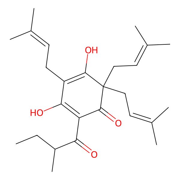 2D Structure of 3,5-dihydroxy-2-[(2R)-2-methylbutanoyl]-4,6,6-tris(3-methylbut-2-enyl)cyclohexa-2,4-dien-1-one