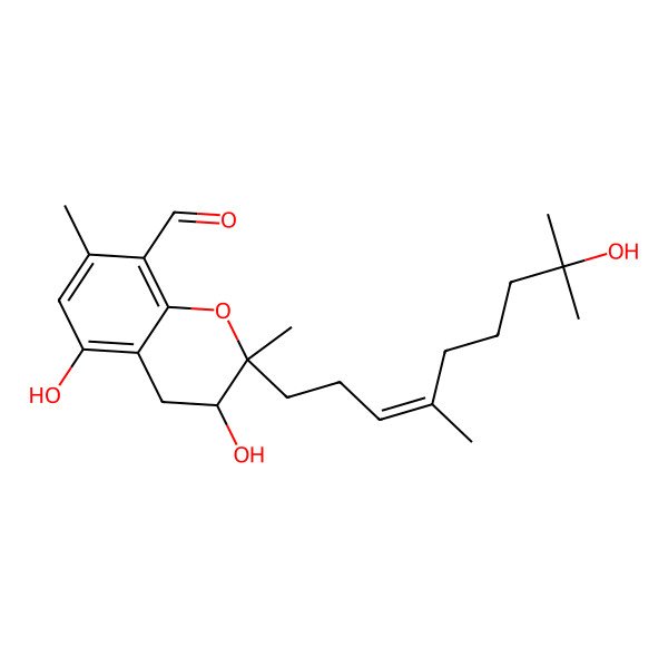 2D Structure of 3,5-Dihydroxy-2-(8-hydroxy-4,8-dimethylnon-3-enyl)-2,7-dimethyl-3,4-dihydrochromene-8-carbaldehyde