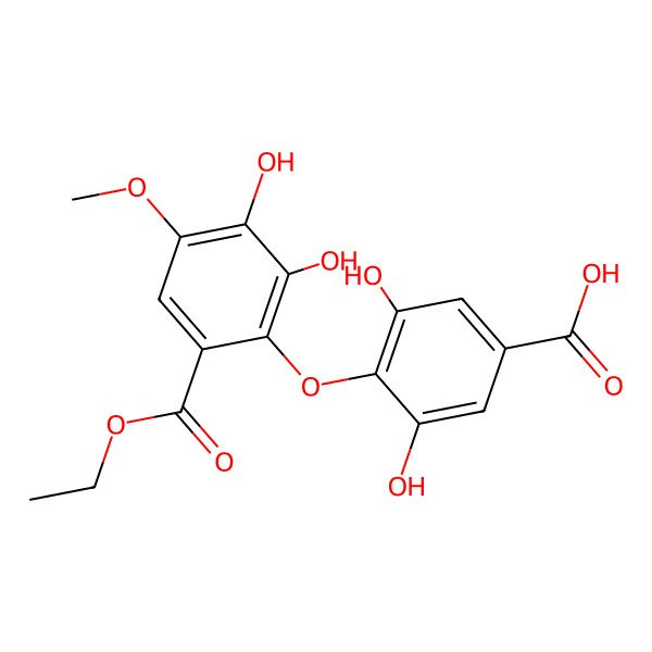 2D Structure of 3,5-Dihydroxy-4-[2,3-dihydroxy-4-methoxy-6-(ethoxycarbonyl)phenoxy]benzoic acid