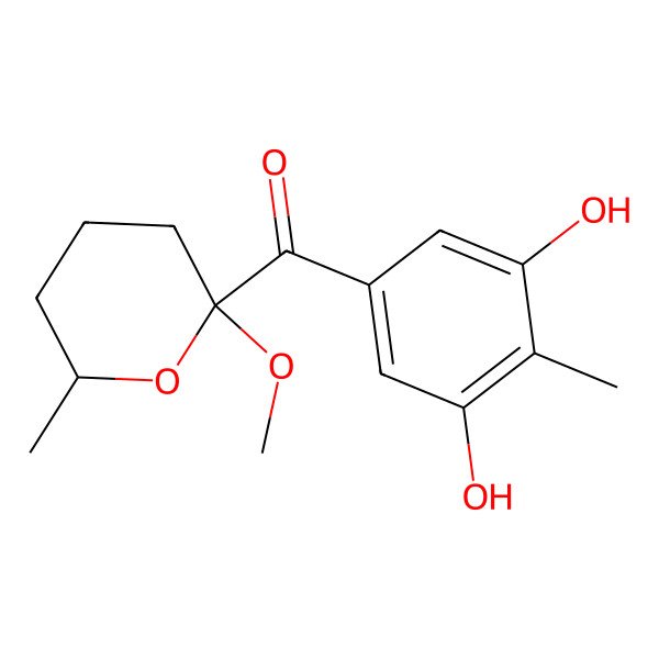 2D Structure of (3,5-Dihydroxy-4-methylphenyl)-(2-methoxy-6-methyloxan-2-yl)methanone