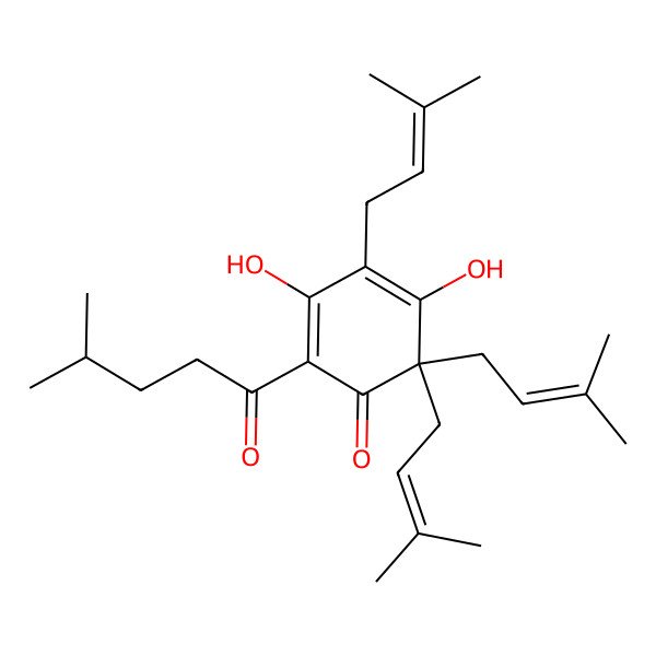 2D Structure of 3,5-Dihydroxy-4,6,6-tris(3-methylbut-2-enyl)-2-(4-methylpentanoyl)cyclohexa-2,4-dien-1-one 2D Structure of 3,5-Dihydroxy-4,6,6-tris(3-methylbut-2-enyl)-2-(4-methylpentanoyl)cyclohexa-2,4-dien-1-one