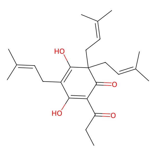 2D Structure of 3,5-Dihydroxy-4,6,6-tris(3-methylbut-2-enyl)-2-propanoylcyclohexa-2,4-dien-1-one 2D Structure of 3,5-Dihydroxy-4,6,6-tris(3-methylbut-2-enyl)-2-propanoylcyclohexa-2,4-dien-1-one