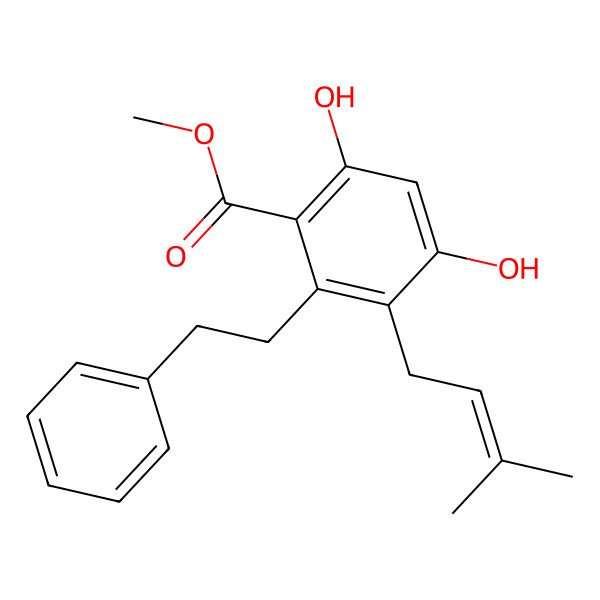 2D Structure of 3,5-Dihydroxy-6-carbomethoxy-2-(3-methyl-2-butenyl)bibenzyl 2D Structure of 3,5-Dihydroxy-6-carbomethoxy-2-(3-methyl-2-butenyl)bibenzyl