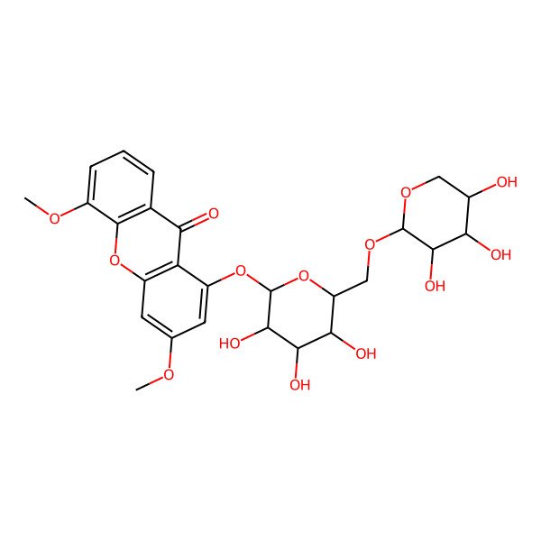 2D Structure of 3,5-Dimethoxy-1-[3,4,5-trihydroxy-6-[(3,4,5-trihydroxyoxan-2-yl)oxymethyl]oxan-2-yl]oxyxanthen-9-one