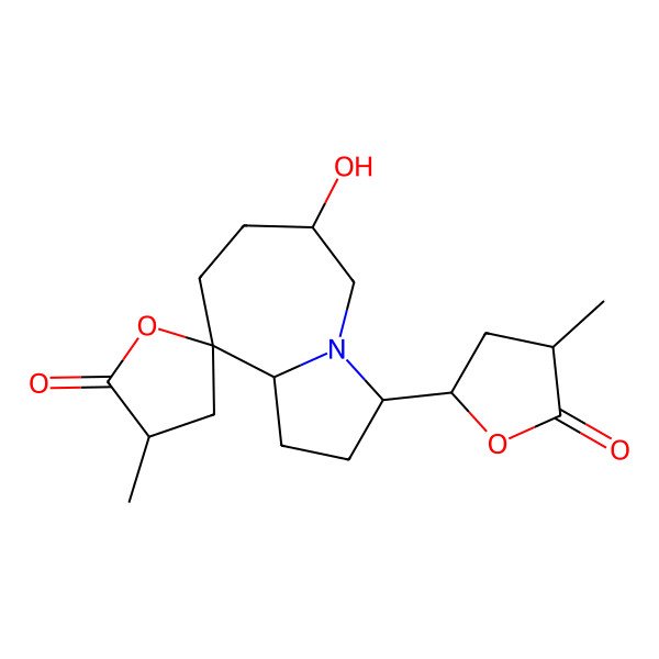 2D Structure of 6-Hydroxy-3'-methyl-3-(4-methyl-5-oxooxolan-2-yl)spiro[1,2,3,5,6,7,8,9a-octahydropyrrolo[1,2-a]azepine-9,5'-oxolane]-2'-one