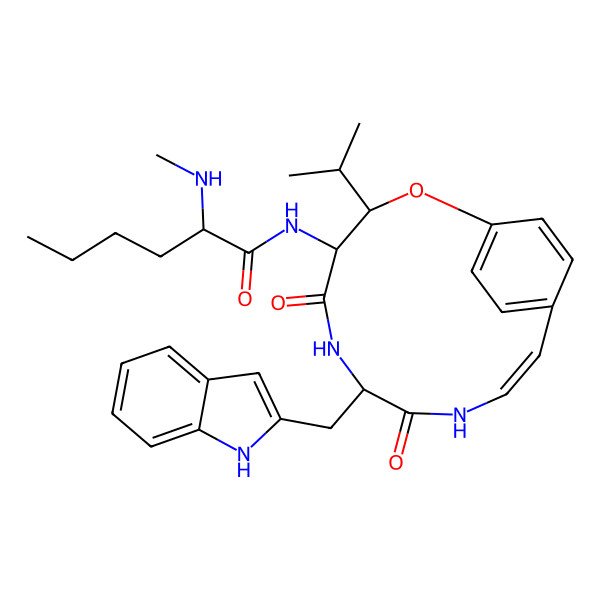 2D Structure of N-[7-(1H-indol-2-ylmethyl)-5,8-dioxo-3-propan-2-yl-2-oxa-6,9-diazabicyclo[10.2.2]hexadeca-1(14),10,12,15-tetraen-4-yl]-2-(methylamino)hexanamide