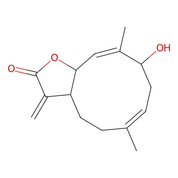2D Structure of (3aR,6E,9S,10E,11aS)-9-hydroxy-6,10-dimethyl-3-methylidene-3a,4,5,8,9,11a-hexahydrocyclodeca[b]furan-2-one