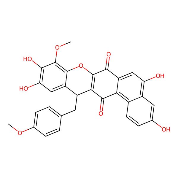 2D Structure of 3,5,10,11-tetrahydroxy-9-methoxy-13-[(4-methoxyphenyl)methyl]-13H-naphtho[1,2-b]xanthene-7,14-dione