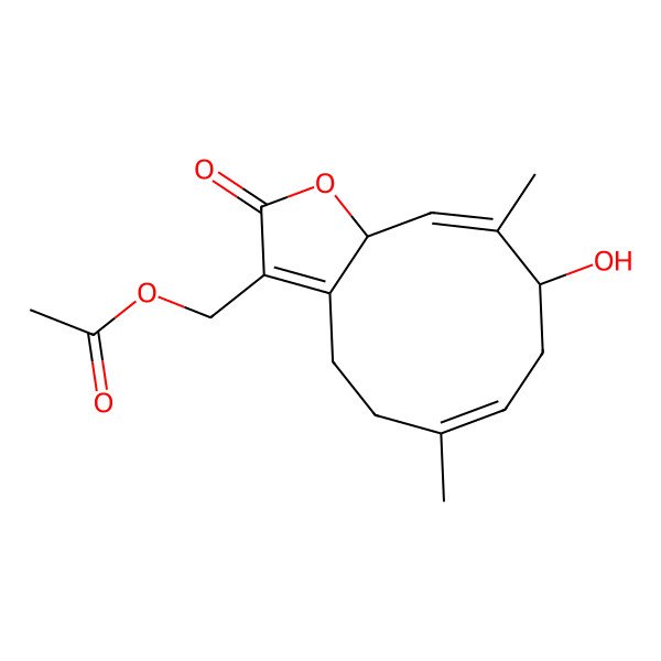 2D Structure of [(6E,9R,10E,11aR)-9-hydroxy-6,10-dimethyl-2-oxo-5,8,9,11a-tetrahydro-4H-cyclodeca[b]furan-3-yl]methyl acetate