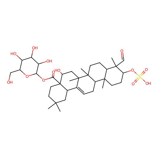 2D Structure of [(2S,3R,4S,5S,6R)-3,4,5-trihydroxy-6-(hydroxymethyl)oxan-2-yl] (4aR,5R,6aR,6aS,6bR,8aR,9S,10S,12aR,14bS)-9-formyl-5-hydroxy-2,2,6a,6b,9,12a-hexamethyl-10-sulfooxy-1,3,4,5,6,6a,7,8,8a,10,11,12,13,14b-tetradecahydropicene-4a-carboxylate
