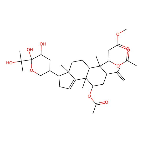 2D Structure of Methyl 3-acetyloxy-3-[9-acetyloxy-3-[5,6-dihydroxy-6-(2-hydroxypropan-2-yl)oxan-3-yl]-3a,6,9a-trimethyl-7-prop-1-en-2-yl-2,3,4,5,5a,7,8,9-octahydrocyclopenta[a]naphthalen-6-yl]propanoate